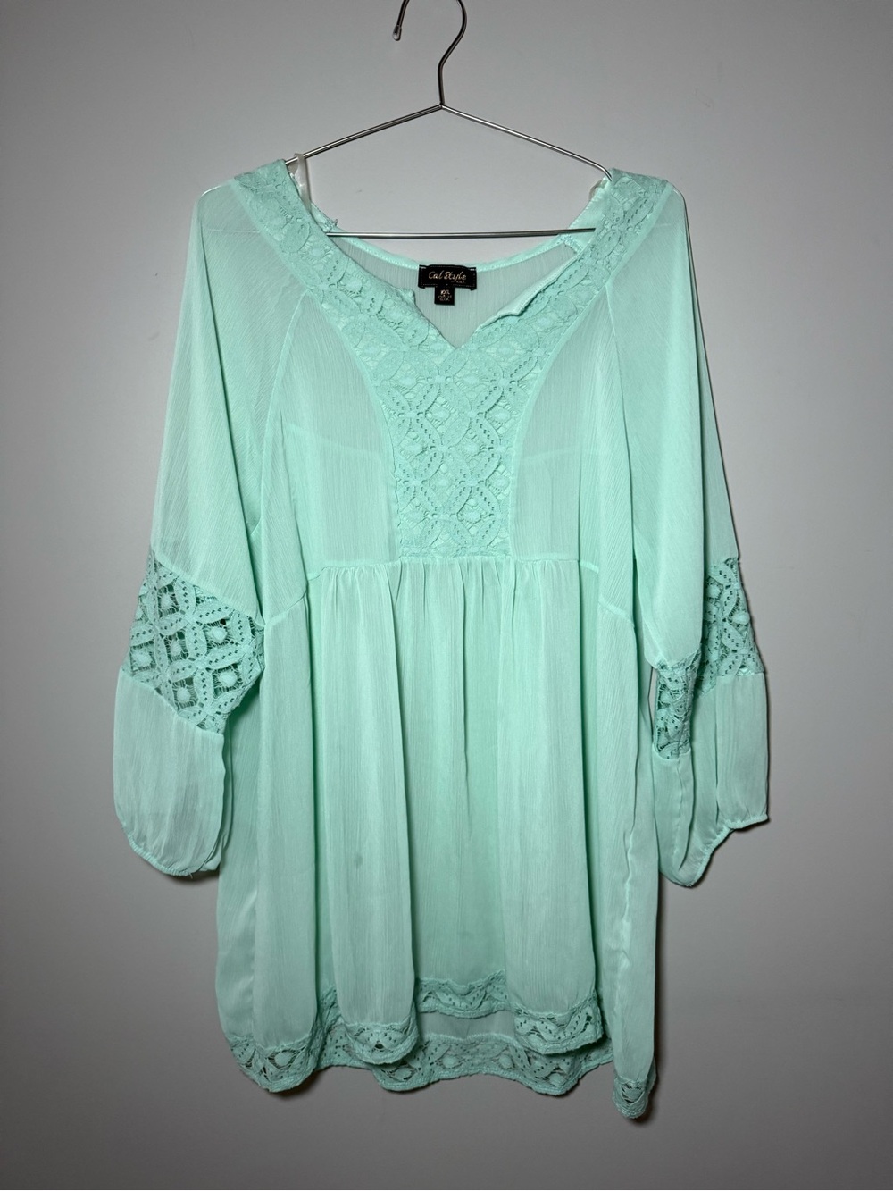 Cal Style Mint Blouse Size 2XL Sheer Lace Puff Sleeve Made in USA